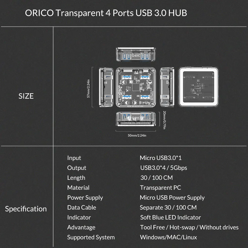 ORICO 4 порта USB3.0 прозрачный концентратор сплиттер с двумя Micro USB порт питания 5 Гбит/с 3,0 usb-хаб Поддержка OTG для Mac/Windows/Linux