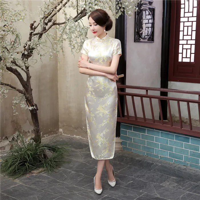 15 цветов китайское традиционное платье женское шелковое атласное Cheongsam с коротким рукавом длинное платье Qipao цветочный принт раскол свадебное платье - Цвет: Style 15