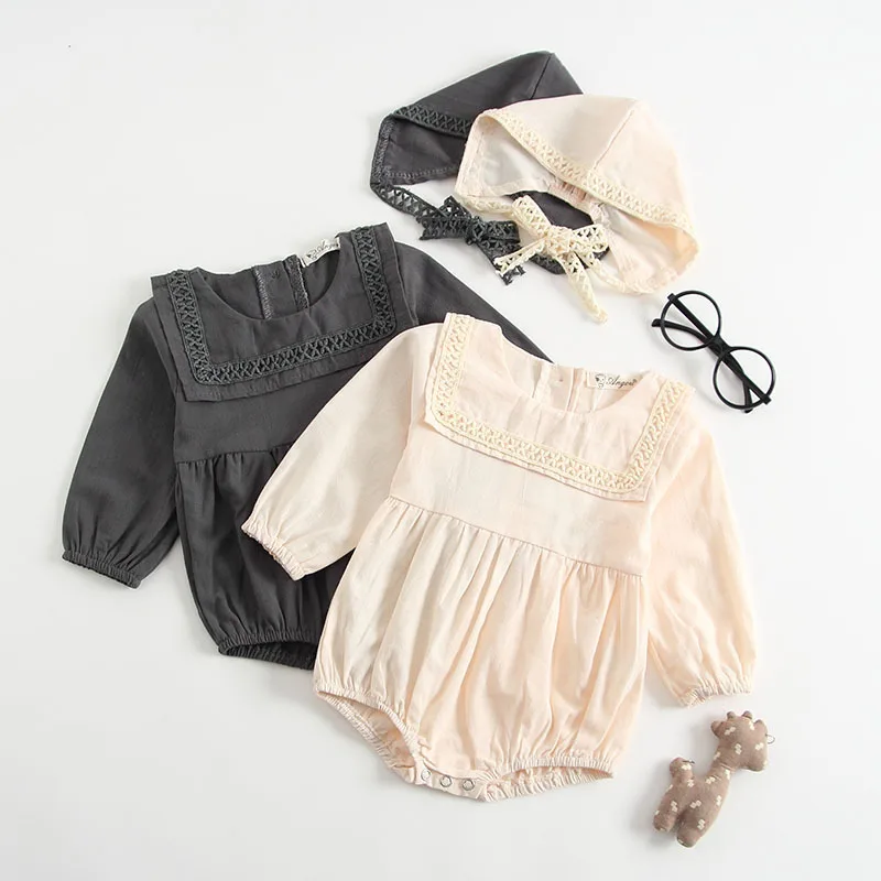 

Ins Cute Baby Girls Lace Ruffles Rompers with Hats Candy Beige Gray Color Spring Summer Fashion Clothes