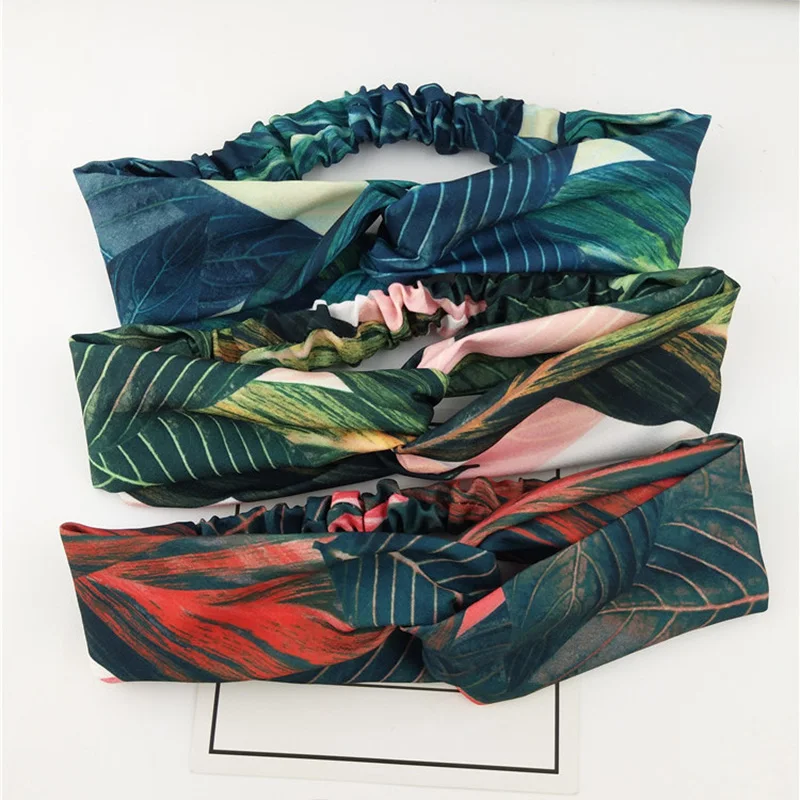 

Summer Bohemian Print Leaves Hairbands Elastic Headbands For Women Retro Cross Knot Turban Bandanas Hair Bands Hair Accessories