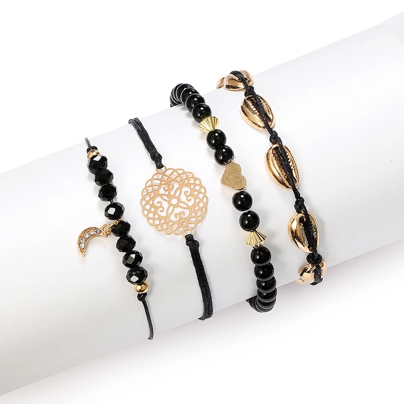 Tocona Boho Beaded Gold Color Moon Shell Crystal Pendant Layered Bracelet Bangle Set for Women Flower Adjustable 3826 | Украшения и