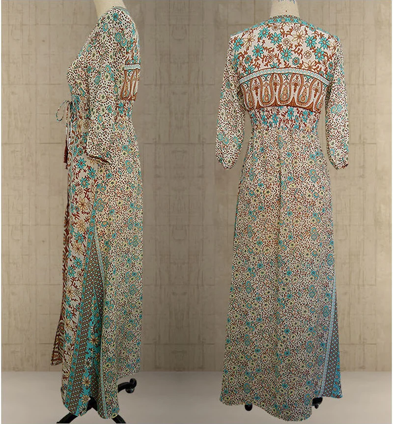 Boho летние женские макси длинное платье с v-образным вырезом Цветочные Сплит