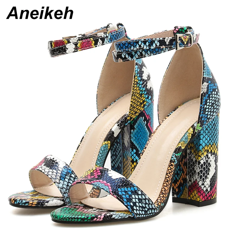Aneikeh/ г.; модные летние женские босоножки из искусственной кожи; женские босоножки на высоком квадратном каблуке с открытым круглым носком, ремешком и пряжкой под змеиную кожу; цветные; размер 40