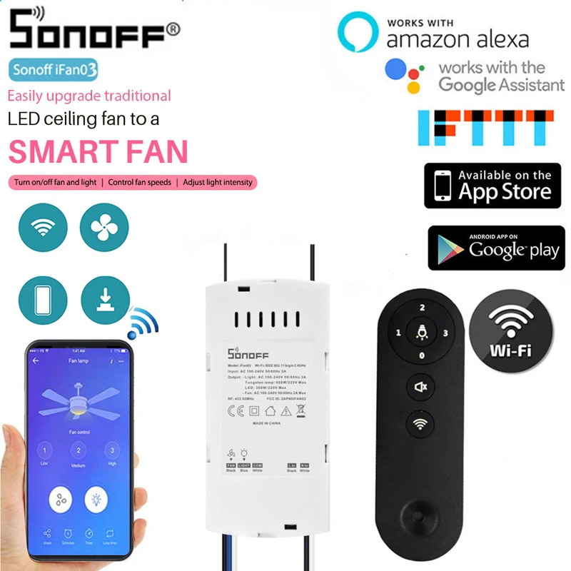 SONOFF IFan03 Wi-Fi потолочный вентилятор и пульт управления светом с 433 RF пульт дистанционного управления с Alexa Google Home через Ewelink