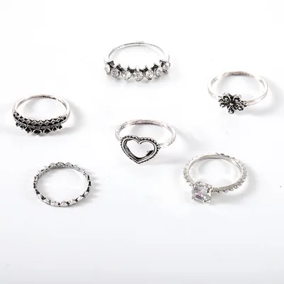 

New fashion personality love flower crystal set ring 6 piece set combination joint ring jewelry holiday jewelry gift