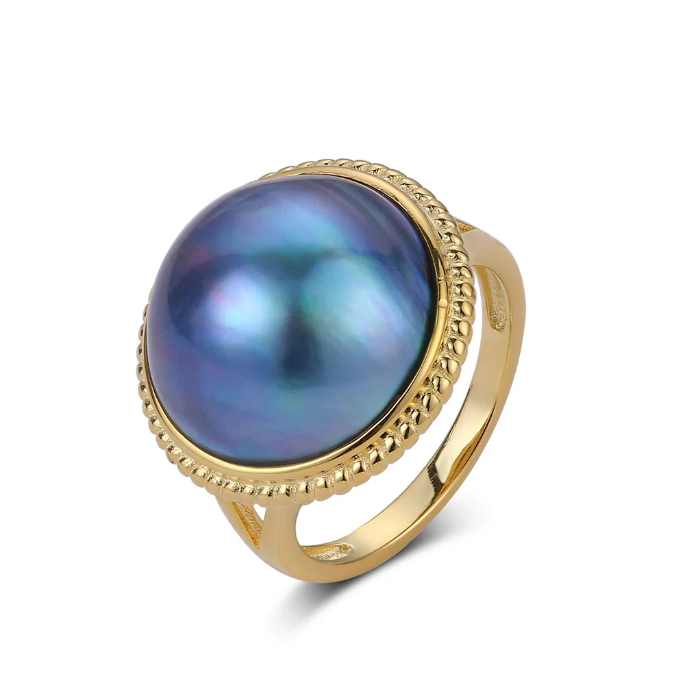 Blue Pearl Gold Синяя/белая большая круглая жемчужина кольца 15-16 мм кольца с натуральным пресноводным жемчугом 18 К настоящее золото 925 пробы серебряные кольца для женщин - Цвет камня: Blue Pearl Gold