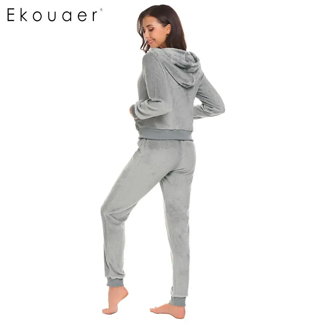 Ekouaer/теплые женские пижамные комплекты зимняя одежда для сна из флиса с капюшоном