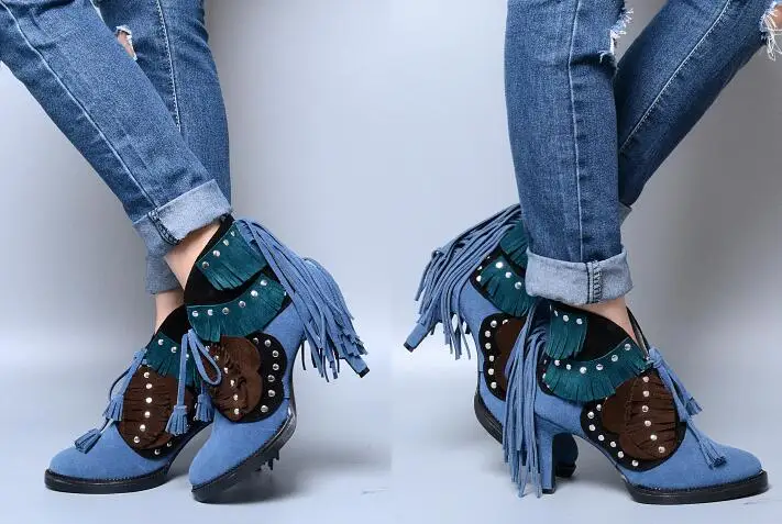 Ботильоны женские замшевые с бахромой модные классические ботинки на высоком