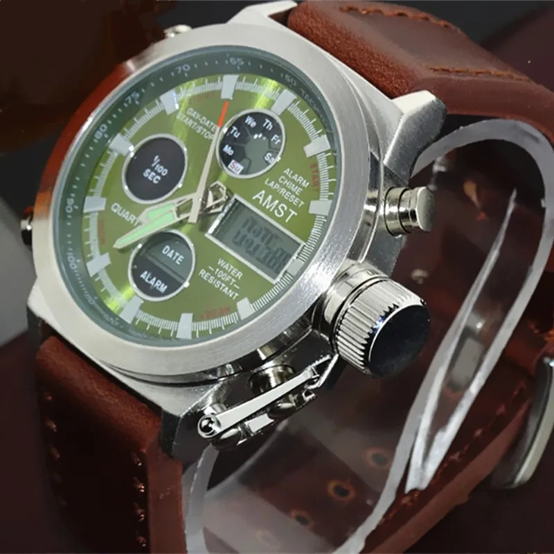 ATSM Wrangler, мужские часы, 50 метров, с кожаным ремешком, военные часы, мужские водонепроницаемые спортивные кварцевые часы с будильником, новинка