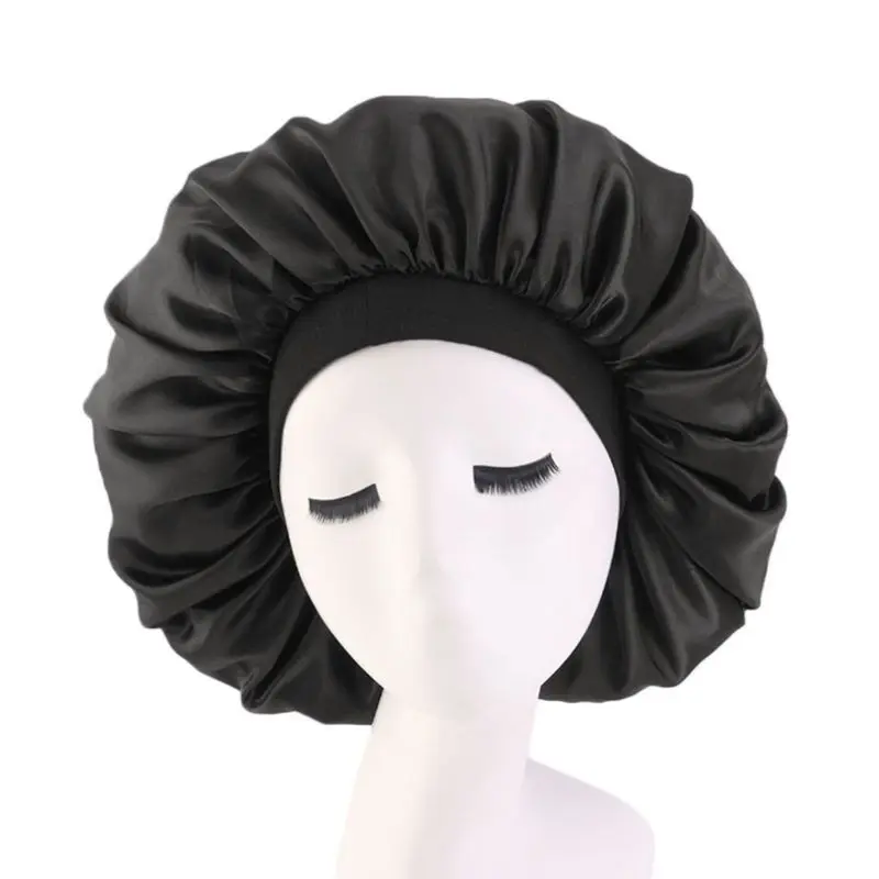 

Women Fashion Lady Sleep Hat Oversize Satin Nightcap Elastic Band Simulation Silk Satin Solid Color Hair Care Cap