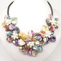 18 inches natural leather cord five multicolor shell flower women handmade pearl necklace
