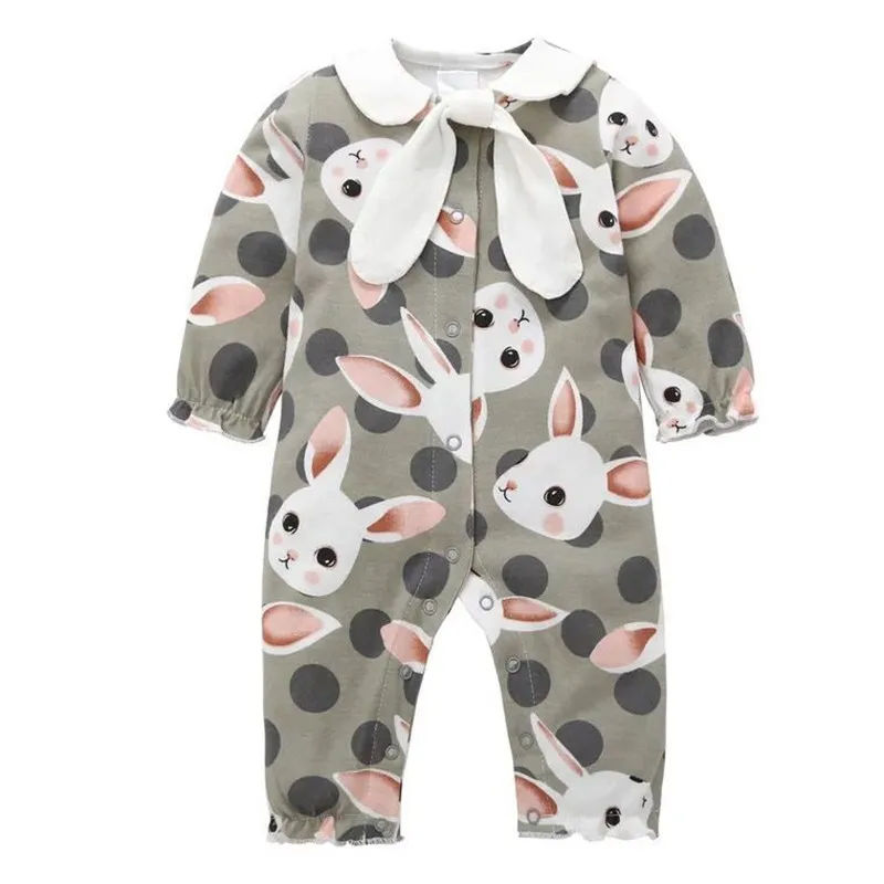 

Spring Autumn Baby Cotton Rompers Infant Long Sleeve Jumpsuit Cute Cartoon Rabbit Print With Bowtie Toddler Clothes