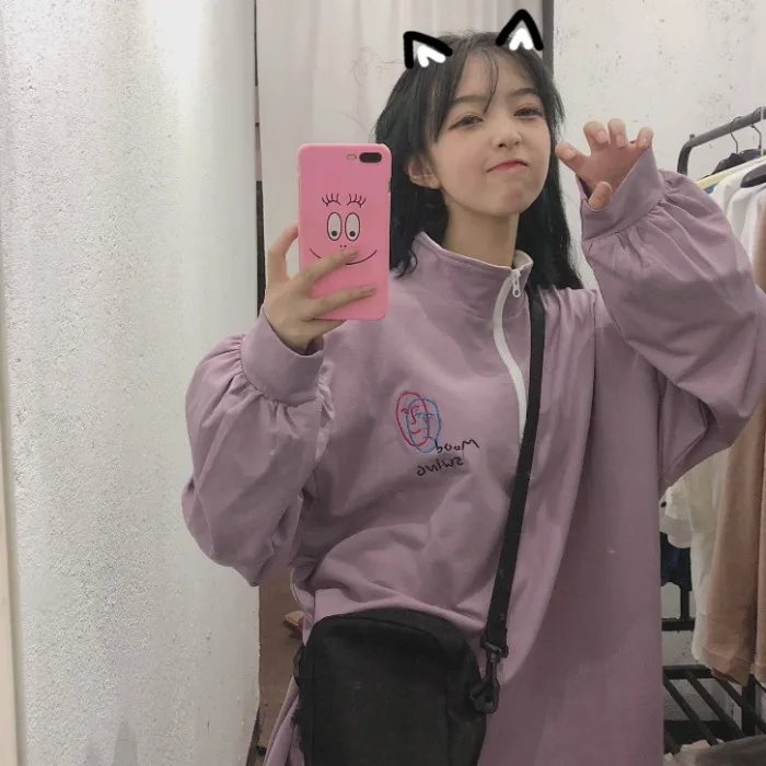 Autumn Women's Clothing Korea Sweet harajuku Embroidery loose Hoodies Zipper Turtleneck long sleeve New ulzzang Sweatshirts | Женская