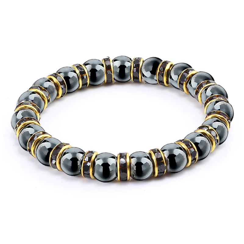Black Rhinestone Мужские браслеты с натуральным камнем, очаровательные женские браслеты из гематита, хрустальные бусины, браслеты для пары, эластичные энергетические ювелирные изделия - Окраска металла: Black Rhinestone