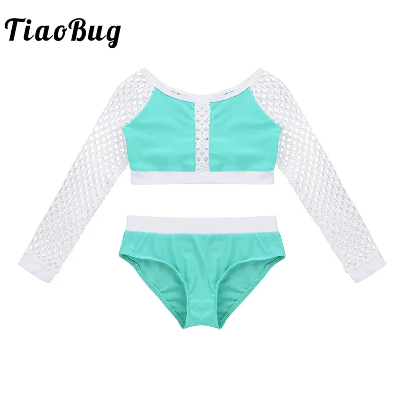 

TiaoBug Girl Kid Dance Wear Long Fishnet Sleeve Crop Top with Shorts Set Child Gymnastics Ballet Dance Stage Performance Costume