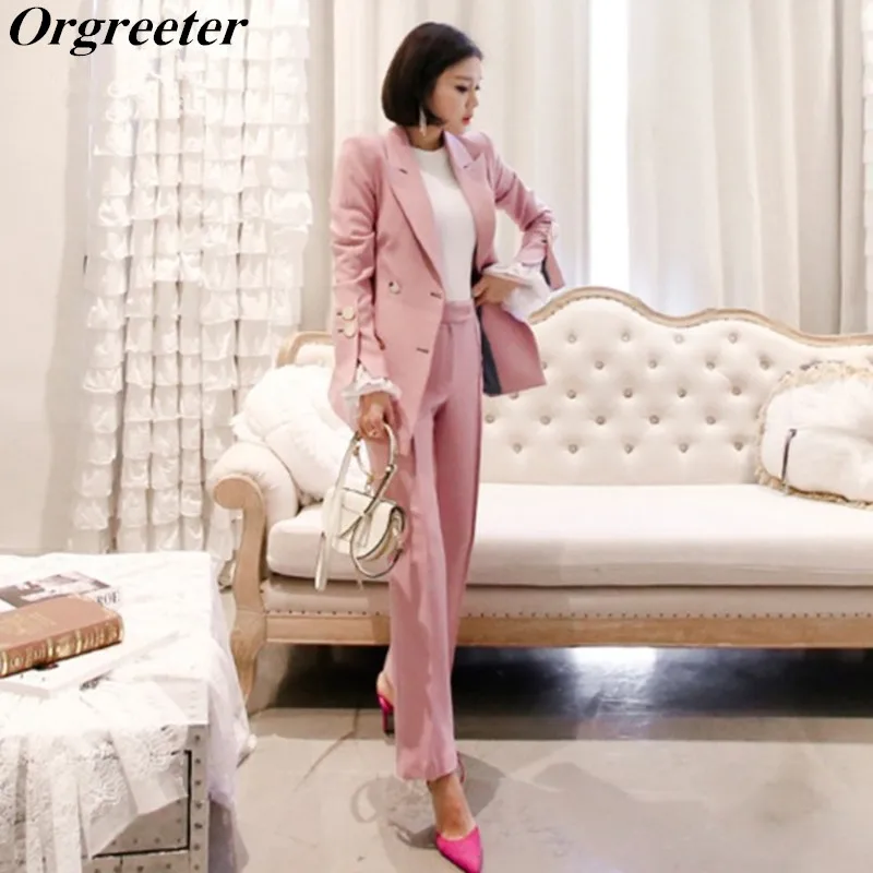Женский офисный костюм двубортный розовый блейзер и брюки комплект из 2