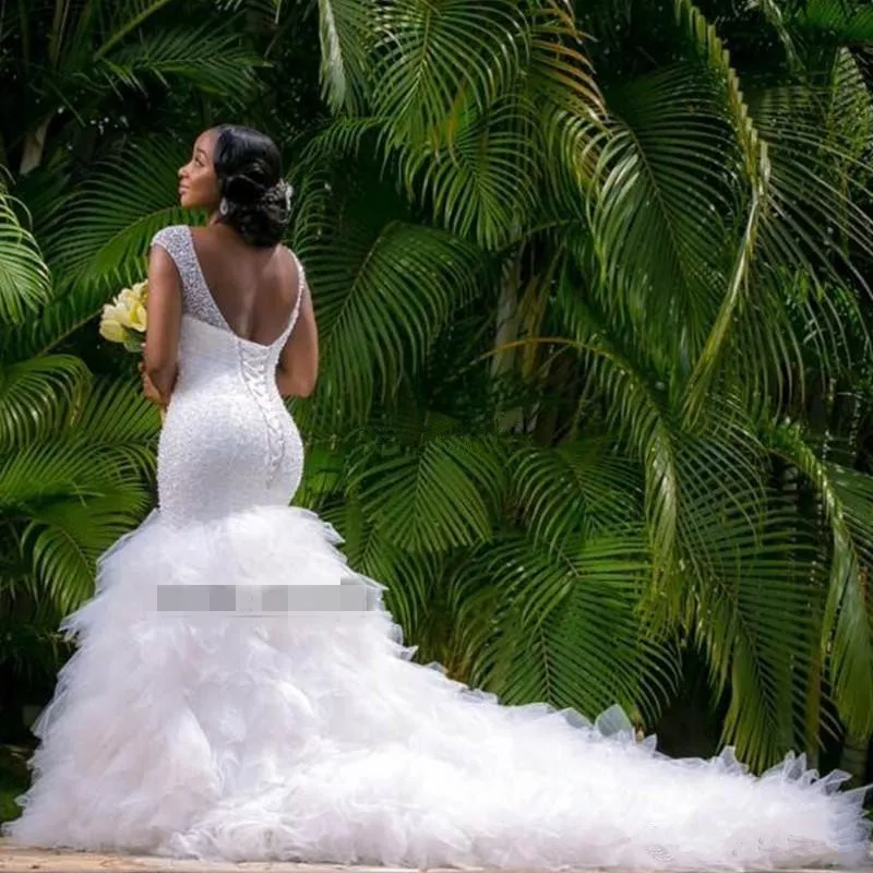 South African Vestido De Noiva Muslim Wedding Dresses Mermaid V-neck Tulle Ruffles Beaded Boho Gown Bridal Dress | Свадьбы и