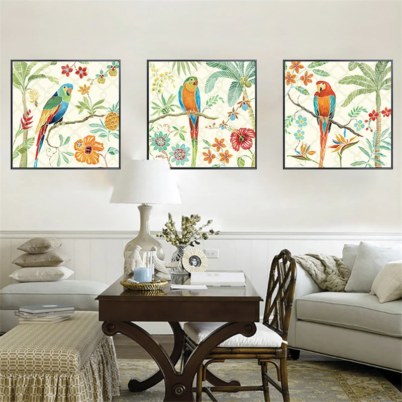 

HAOCHU Coconut Tree Flower Parrot Animals Print Canvas Painting Pastoral Wall Poster Nordic Decoration for Living Room No Frame