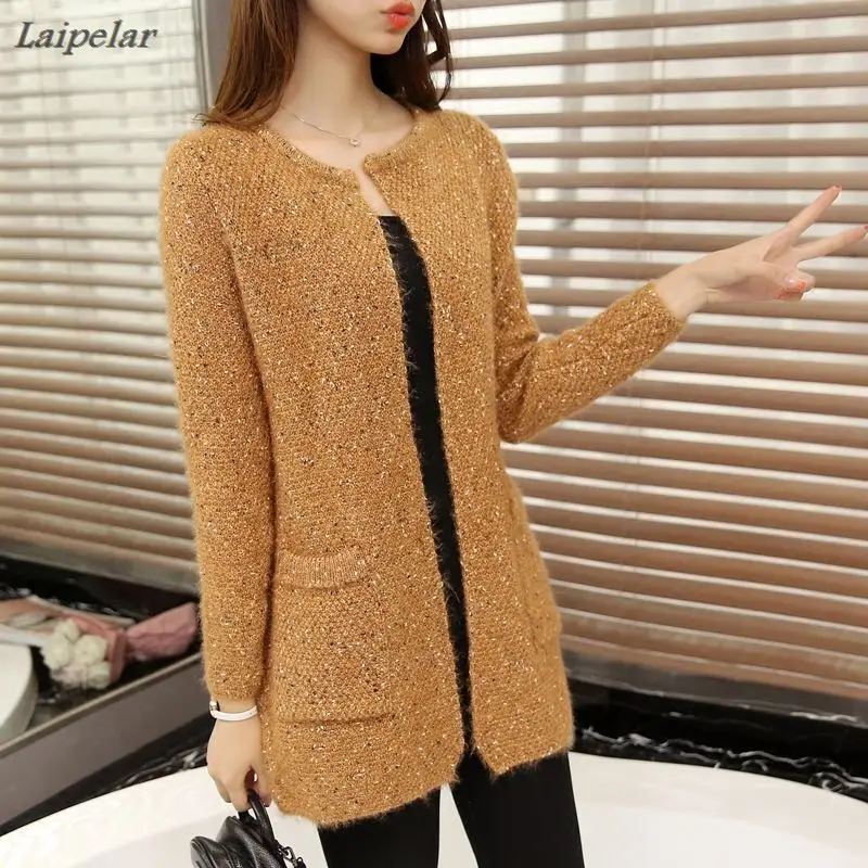 The new winter sweater coat Korean in the long thin neck pocket loose fashion cardigan Laipelar |