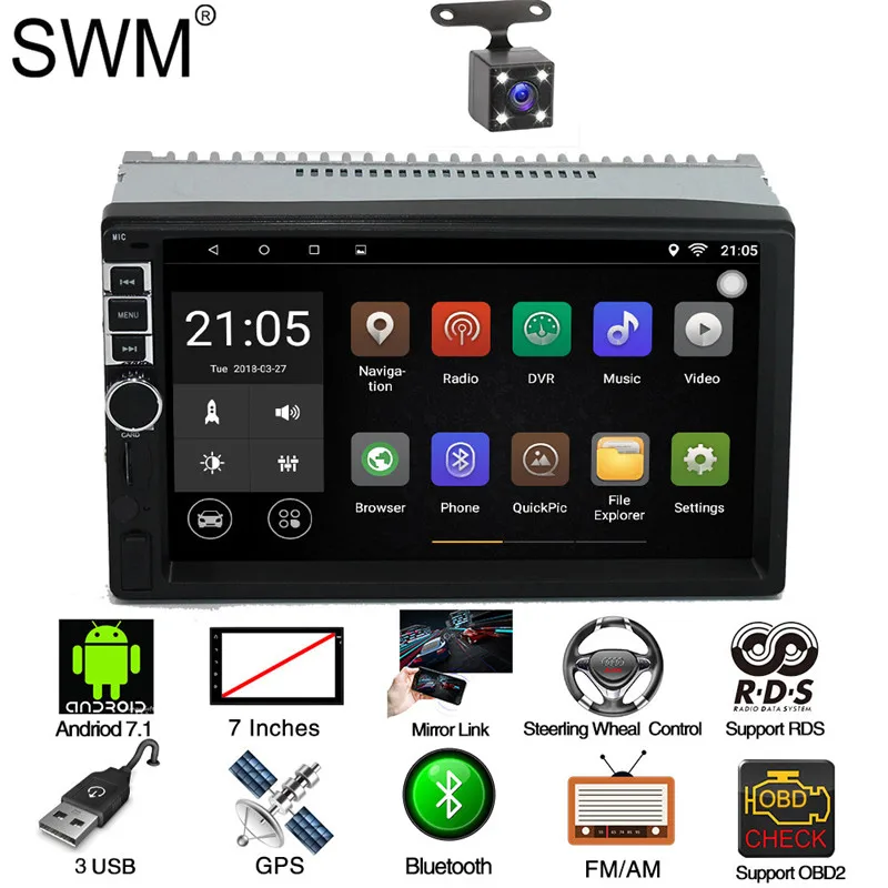 SWM RDS радио 2 Din Android 7,1 gps навигация Авто Радио стерео радио Coche Bluetooth Радио Para авто FM USB - Цвет: Car Radio with Cam 1