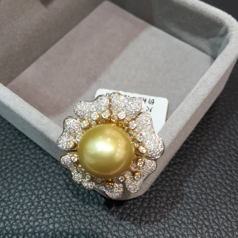 12.5-13MM natural gold pearl ring 18K with diamond flower big southsea jewelry cocktail free shipping | Украшения и аксессуары