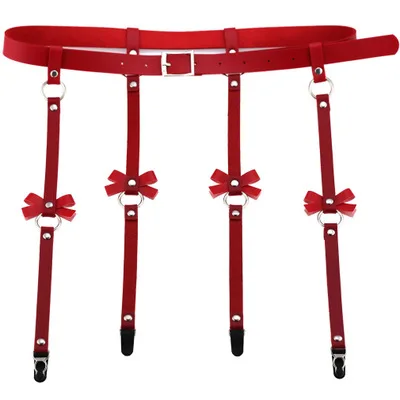Hoist Buckle Red Сексуальный женский и мужской кожаный пояс для чулок с бантом, ручная работа, костюм в стиле панк, наряд с круглым вырезом вокруг талии, пояс с 4 подтяжками - Окраска металла: Hoist Buckle Red
