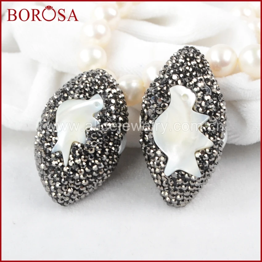 

BOROSA white shell carved bird charm beads, rhinestone whole pave oval shape druzy charm for women DIY jewelry JAB469