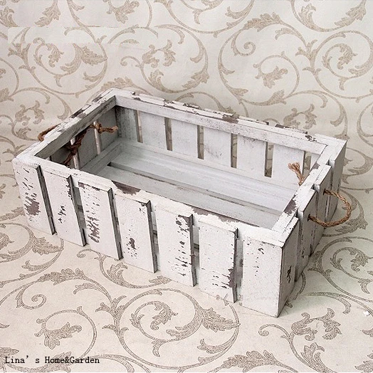 

Distressed Old Handmade Solid Wood Crate Basket with Rope Handles