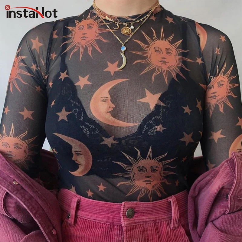 InstaHot Женская толстовка с принтом прозрачные женские футболки длинными рукавами