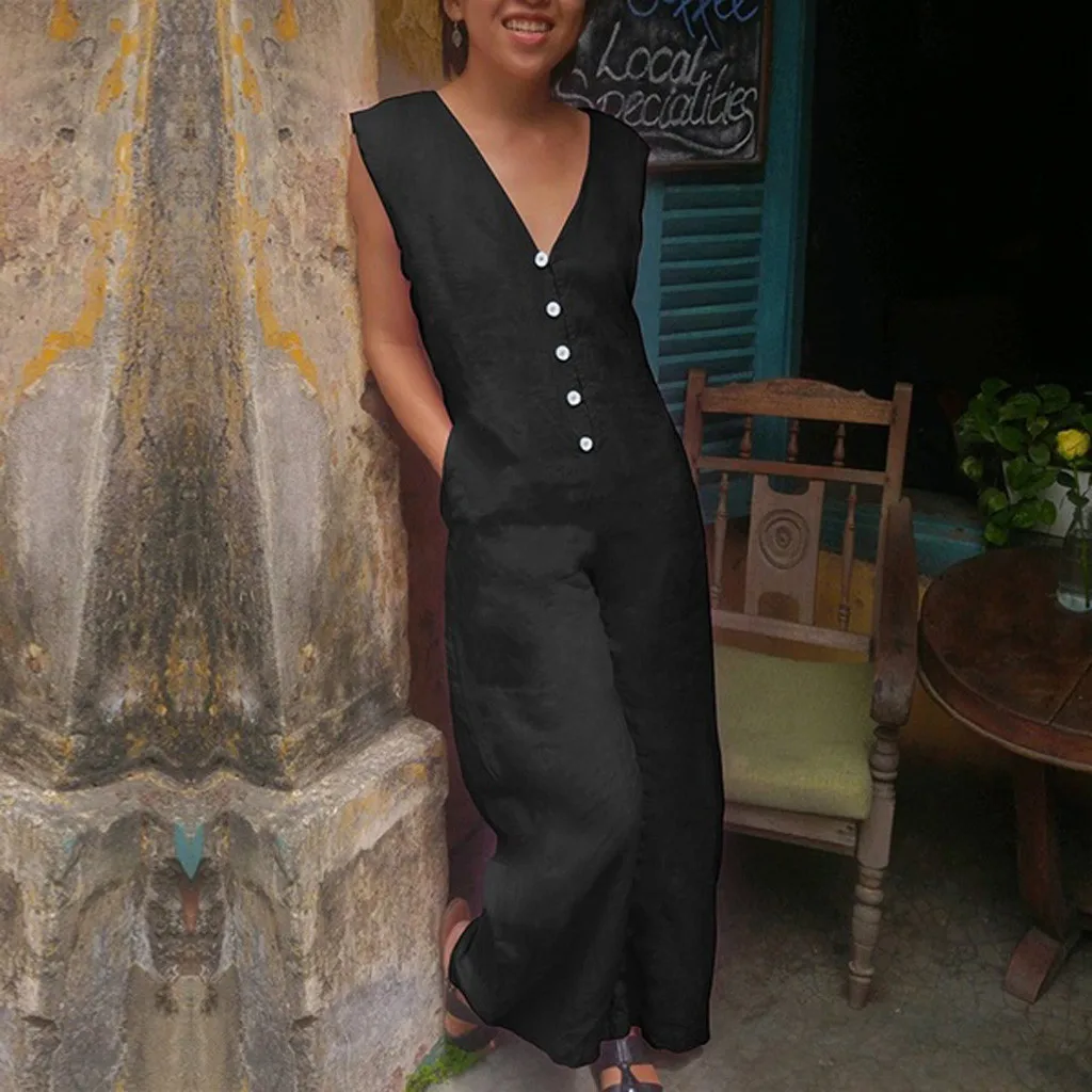 Женский офисный комбинезон с глубоким V образным вырезом без рукавов на