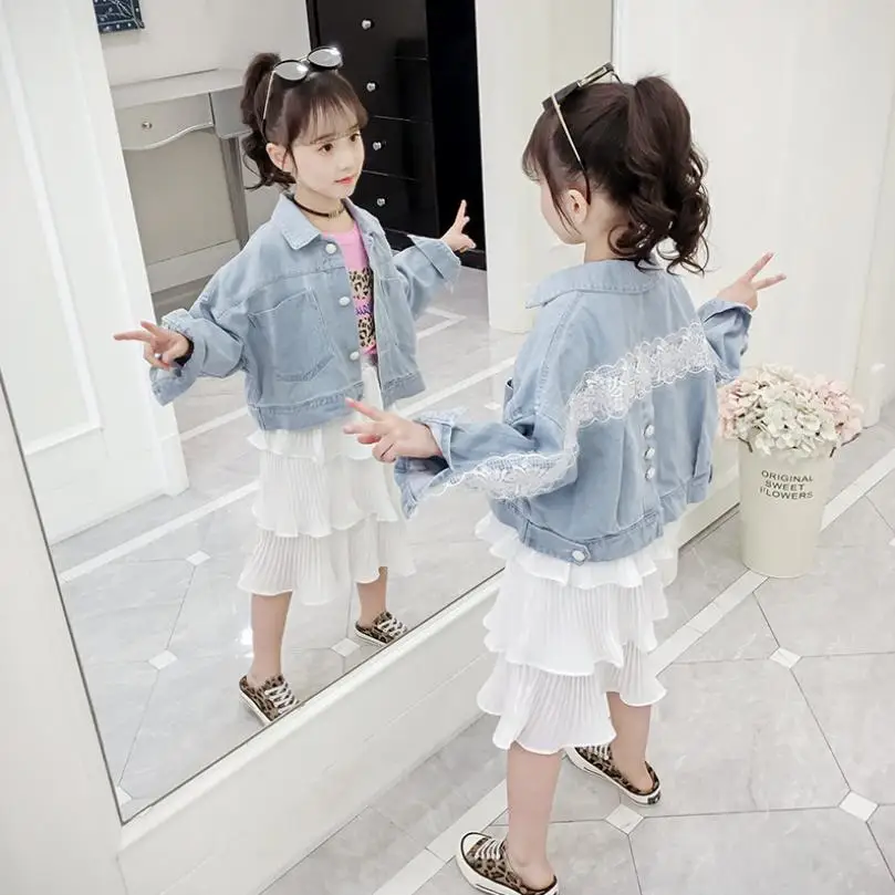Детская джинсовая куртка новое осеннее пальто для девочек с кружевными