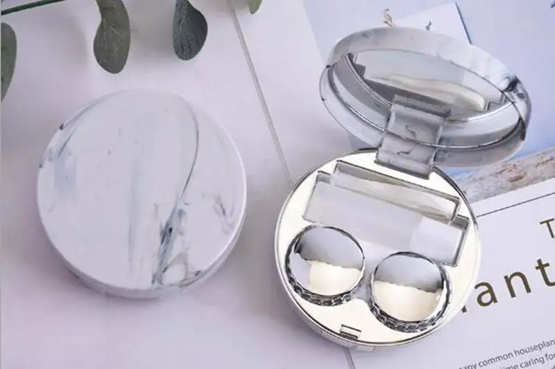 round silver Мраморная поверхность квадратная круглая зеркальная крышка контактные линзы Чехлы женские глазные контакты коробка контейнер милый дорожный набор коробка - Цвет: round silver