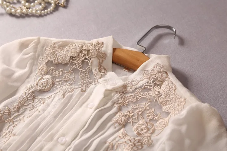 Fashion Brand Silk Blouse Spring Fall Embroidery Blouses Women Lantern Sleeve hollow cut Chiffon Plus Size shirt w1910 |