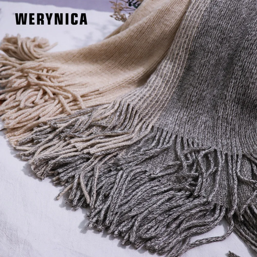 Werynica2018 autumn new women's fashion gradient stripes loose tassel shawl sweater ladies coat gold silk bat sleeve |