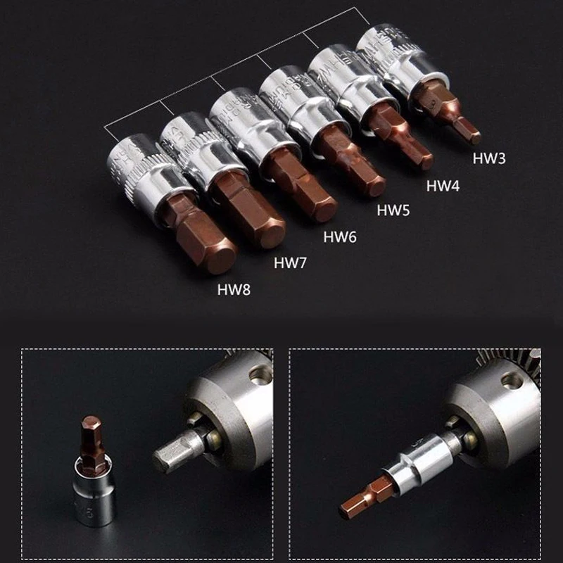 

New 6pcs/set Aluminium Alloy Metric 1/4" Drive Hex Bit Socket Set For Parbuckle Screw