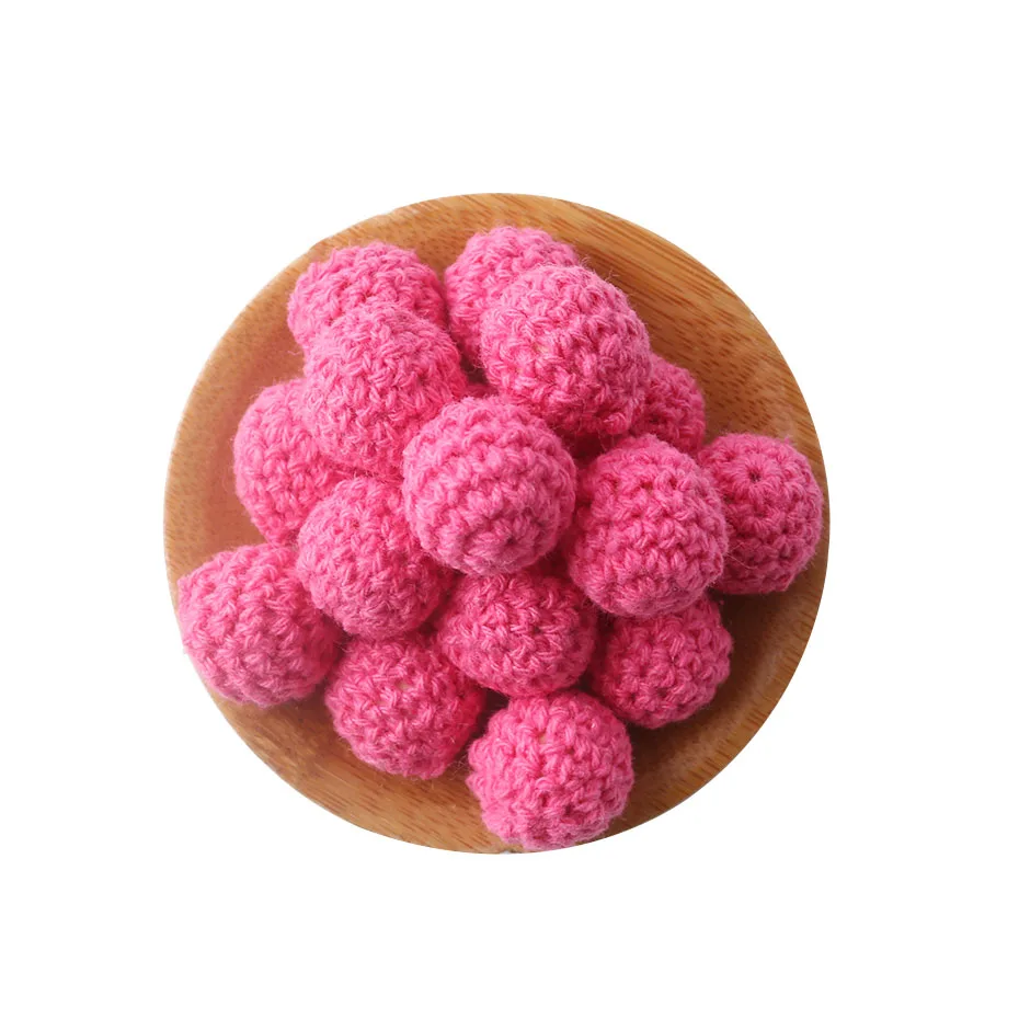 Hot pink Crochet 15 шт., 16 мм, Детские Прорезыватели для зубов, вязанные деревянные бусины, хлопковые круглые бусины, Детские Прорезыватели для соски, цепные аксессуары, детские деревянные Прорезыватели для зубов - Цвет: Hot pink Crochet