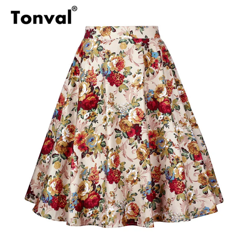 Color 3 Tonval, трапециевидная юбка миди с цветочным рисунком, Ретро стиль, высокая талия, хлопок, винтажный стиль, юбки для женщин, цветочный принт, элегантная юбка - Цвет: Color 3