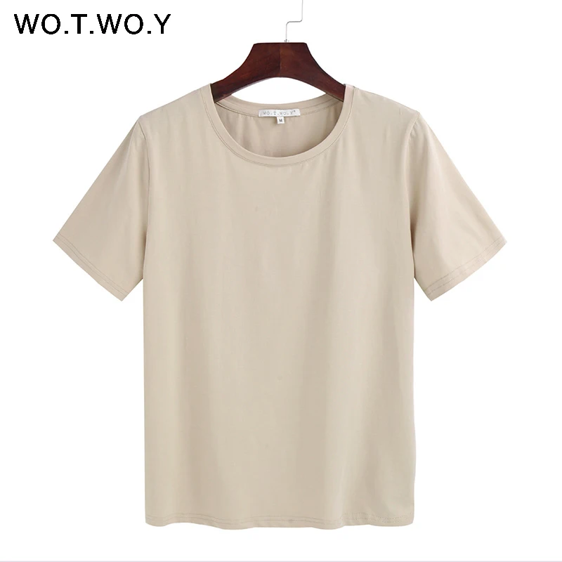 503apricot WOTWOY летняя хлопковая Футболка женская Свободная Стильная однотонная футболка женский топ с коротким рукавом с круглым вырезом Женская футболка 12 цветов - Цвет: 503apricot