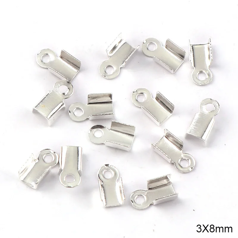 Silver 3x8 мм Обжимные бусины с застежками, концевые колпачки для шнура, лента, кожаный зажим, складной DIY ожерелье, соединители фурнитура для украшений - Цвет: Silver