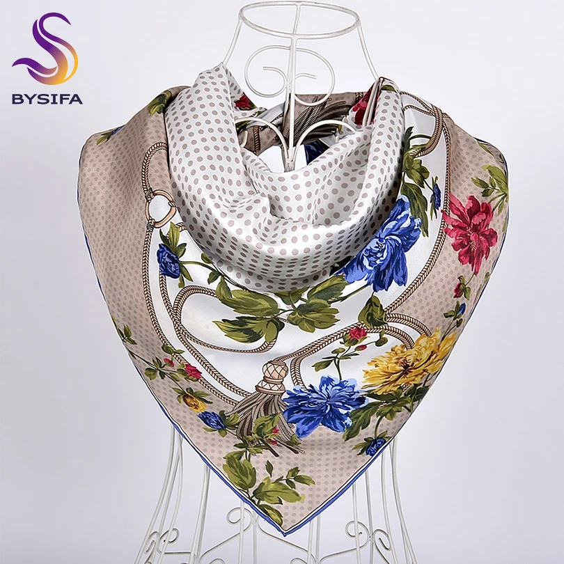 

[BYSIFA] Silk Scarf New Elegant Polka Dot Peony Design Twill Square Scarves Shawls Fall Winter Grey White Scarfs Foulard Femme