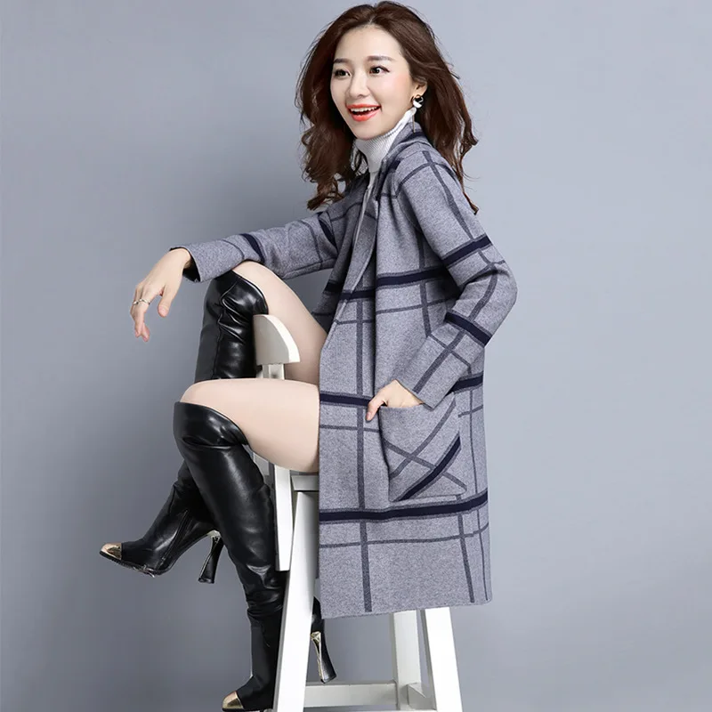 XUXI Женское шерстяное пальто в клетку с воротником костюмом новинка 2019 удлиненный