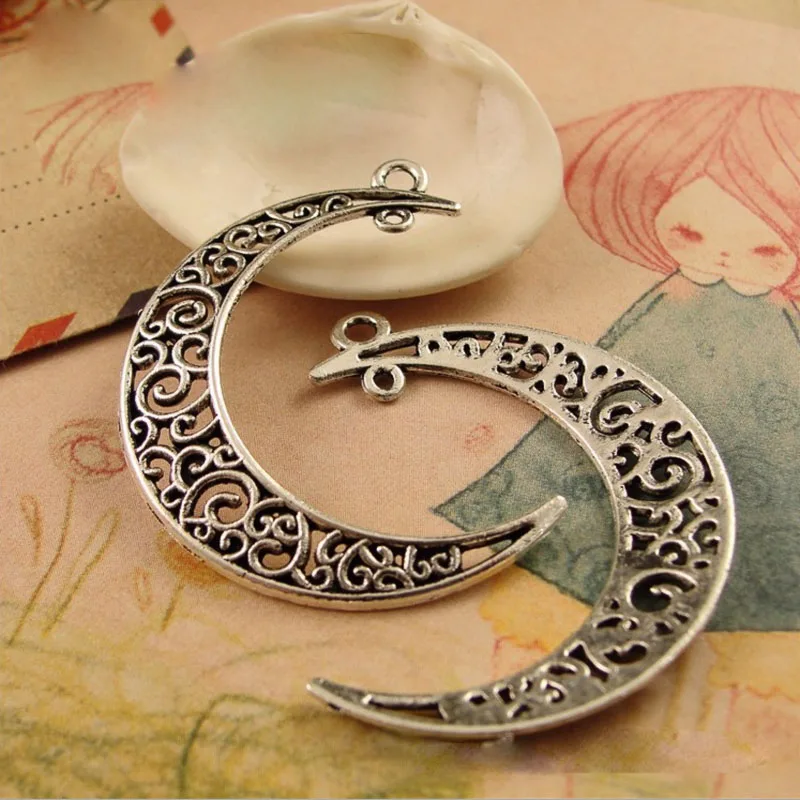 antique silver REGELIN 20pcs 40*33MM Antique Bronze/Antique Silver/Gold Hollow Half Moon Charms for Diy Necklace Jewelry Making Handmade Craft - Окраска металла: antique silver