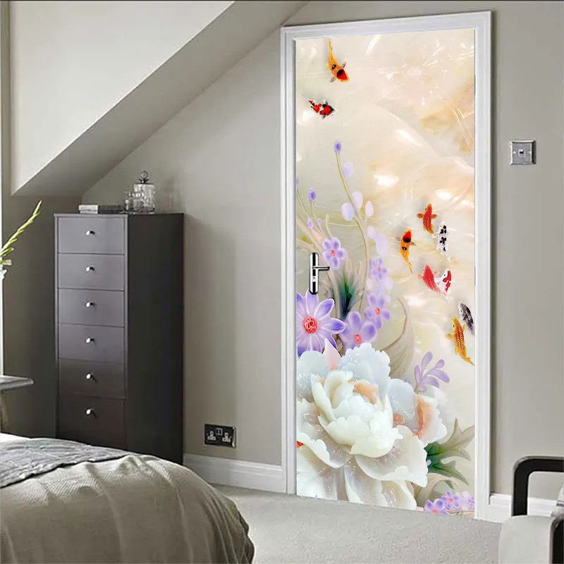 Маленькие свежие новые настенные двери лотоса кои шаблон наклейки Diy палка