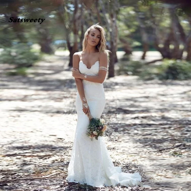 

Sexy Lace Mermaid Wedding Dresses V Neck Spaghetti Straps Backless Beach Bridal Dresses Summer Autumn White Ivory Bridal Gowns