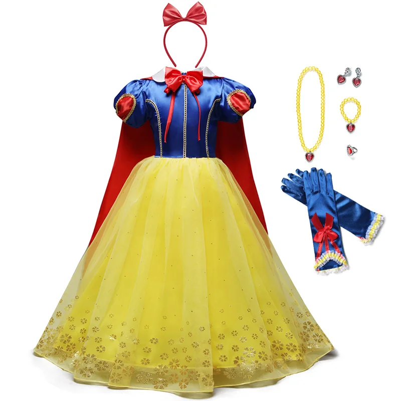 Dress Set 01 MUABABY платье Белоснежки для девочек длинные вечерние платья с пышными рукавами и бантом с накидкой, детские модные костюмы на Хэллоуин - Цвет: Dress Set 01