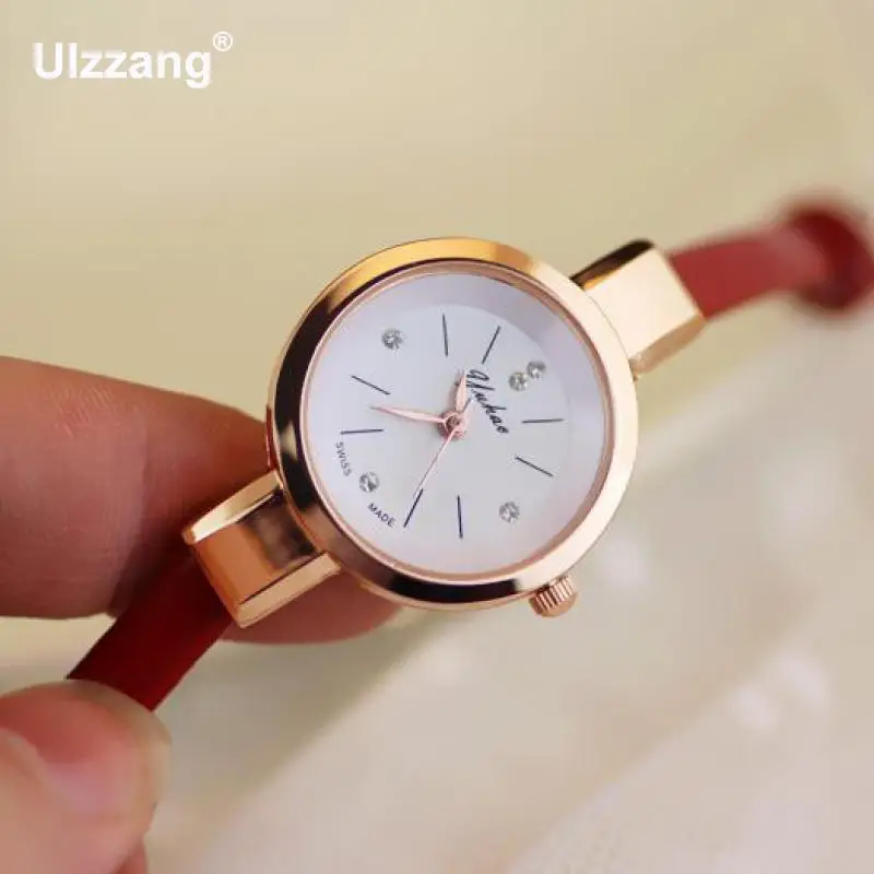 Женские кварцевые часы Yuhao с тонким кожаным ремешком и стразами розовое золото