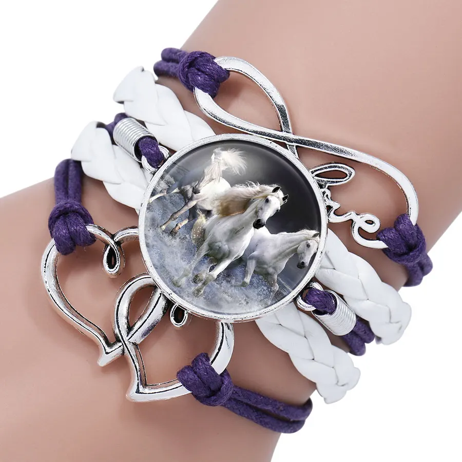Trendy Horse Photo Glass Cabochon Black White Multilayer Leather Charm Bracelet For Women Heart Infinity Bracelets Gifts | Украшения и