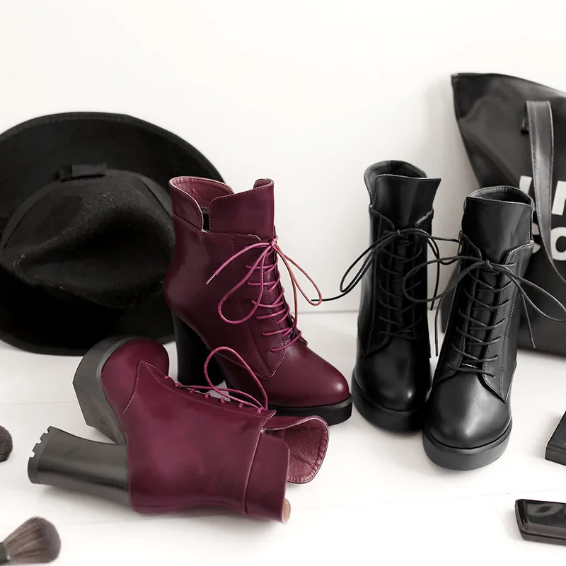 WETKISS Platform Ankle Boots Women Lace Up Motorcycle Booties Round Toe Zip Shoes Female High Heels Thick Ladies Winter | Обувь