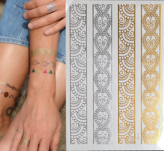 

New HOT SALE Metallic Gold Silver Temporary Tattoos India Flash Tattoo Stickers