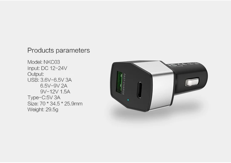 Nillkin Quick Charge 3,0 Автомобиля Зарядное устройство с двумя портами usb type-c для Apple iPhone 7 PLUS Xiaomi Huawei Meizu samsung Galaxy S8 плюс A3 A5 A7